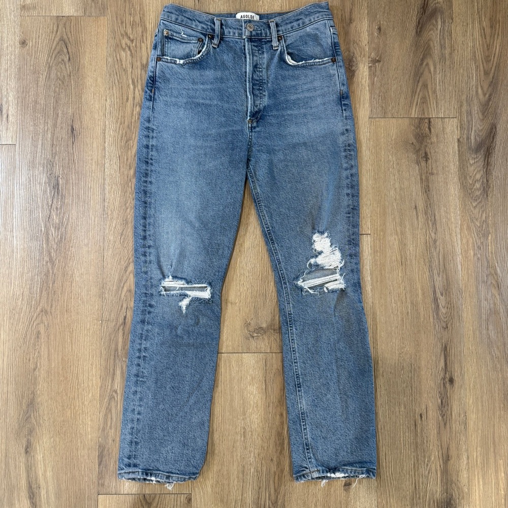 Agolde Riley High Rise Straight Crop Jeans Distressed Blue Size 27 A056B-1255